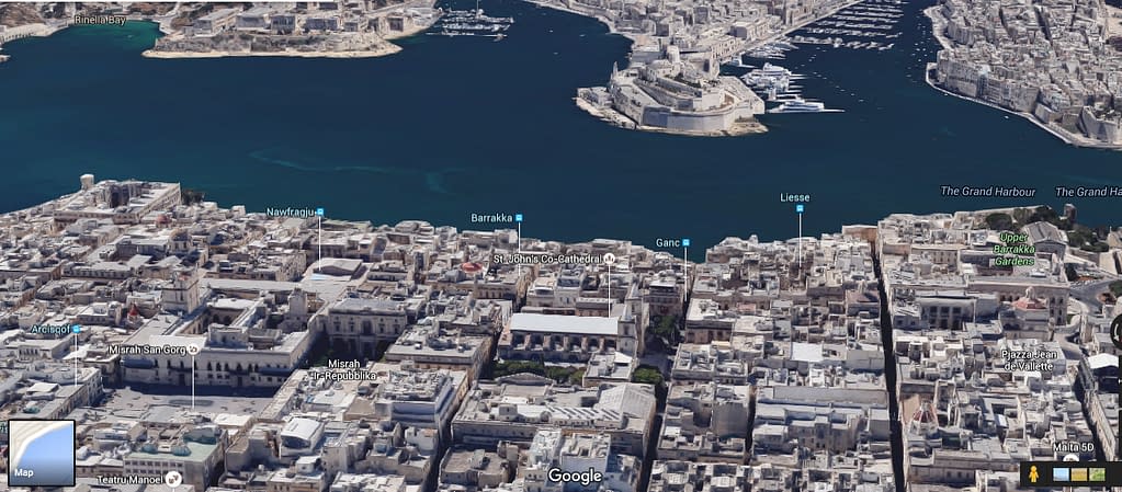 Main land marks in Valletta as seen on Google Maps